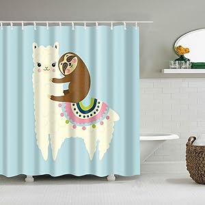 Shower Curtain Set with Hooks Cute Sloth on the Back of Llama Lovely Alpaca Blue White Turquoise Pink Brown Bathroom Decor Waterproof Polyester Fabric Bathroom Accessories Bath Curtain 60 x 72 inches