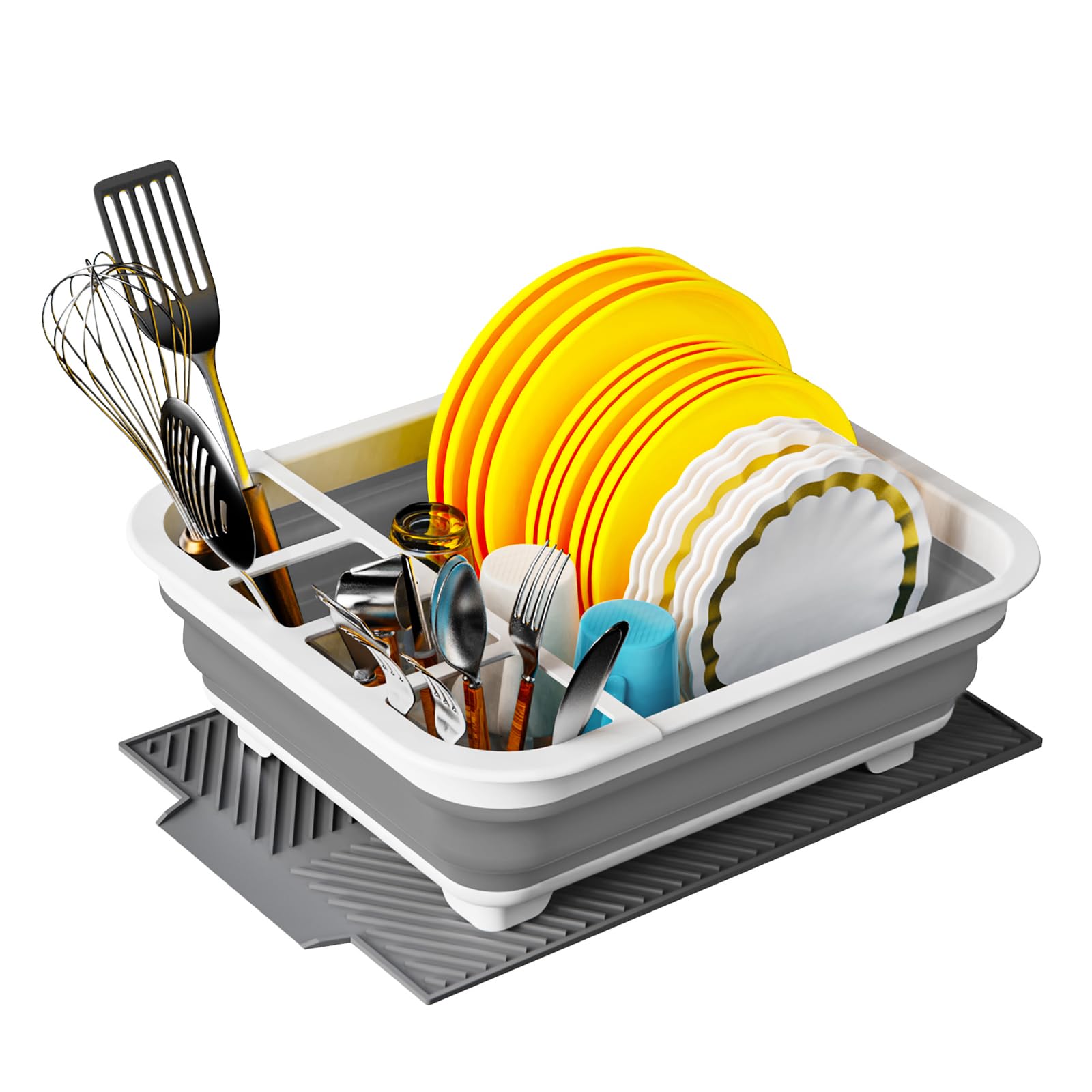 udNmlaiebot Collapsible Dish Drying Rack in off-white, folded and open