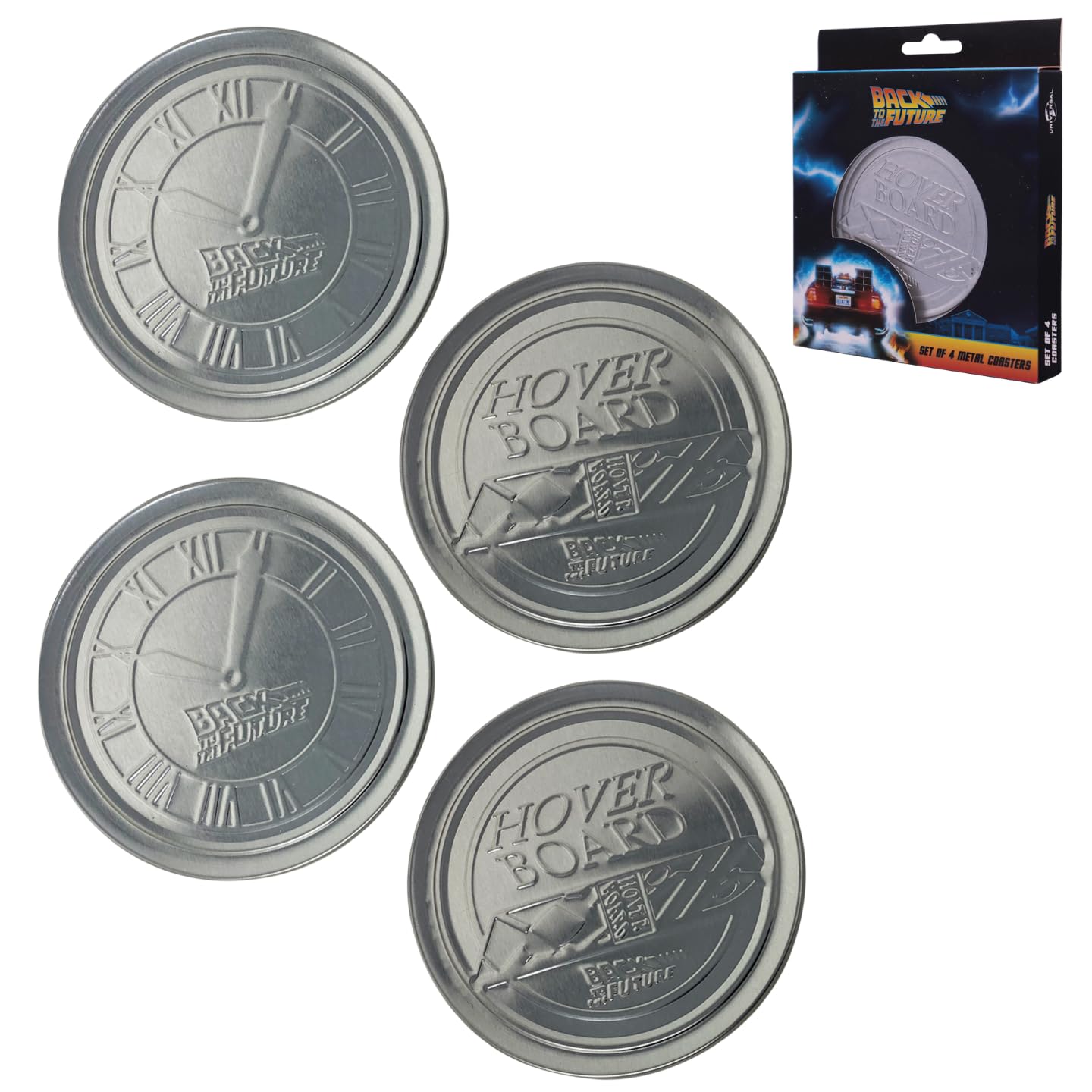 Back to the Future Embossed Metal Coasters – Set of 4 – Clock Tower & Hoverboard Designs – 89mm with Cork Base – Official Licensed Movie Memorabilia – Gift for Fans & Collectors