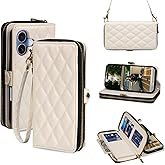 Rssviss Crossbody Case for iPhone 17 Case Wallet, RFID Blocking Leather with Card Holder Kickstand, Handbag Zipper Flip Cover with Wrist Strap for iPhone 17 Men Women 6.3", White