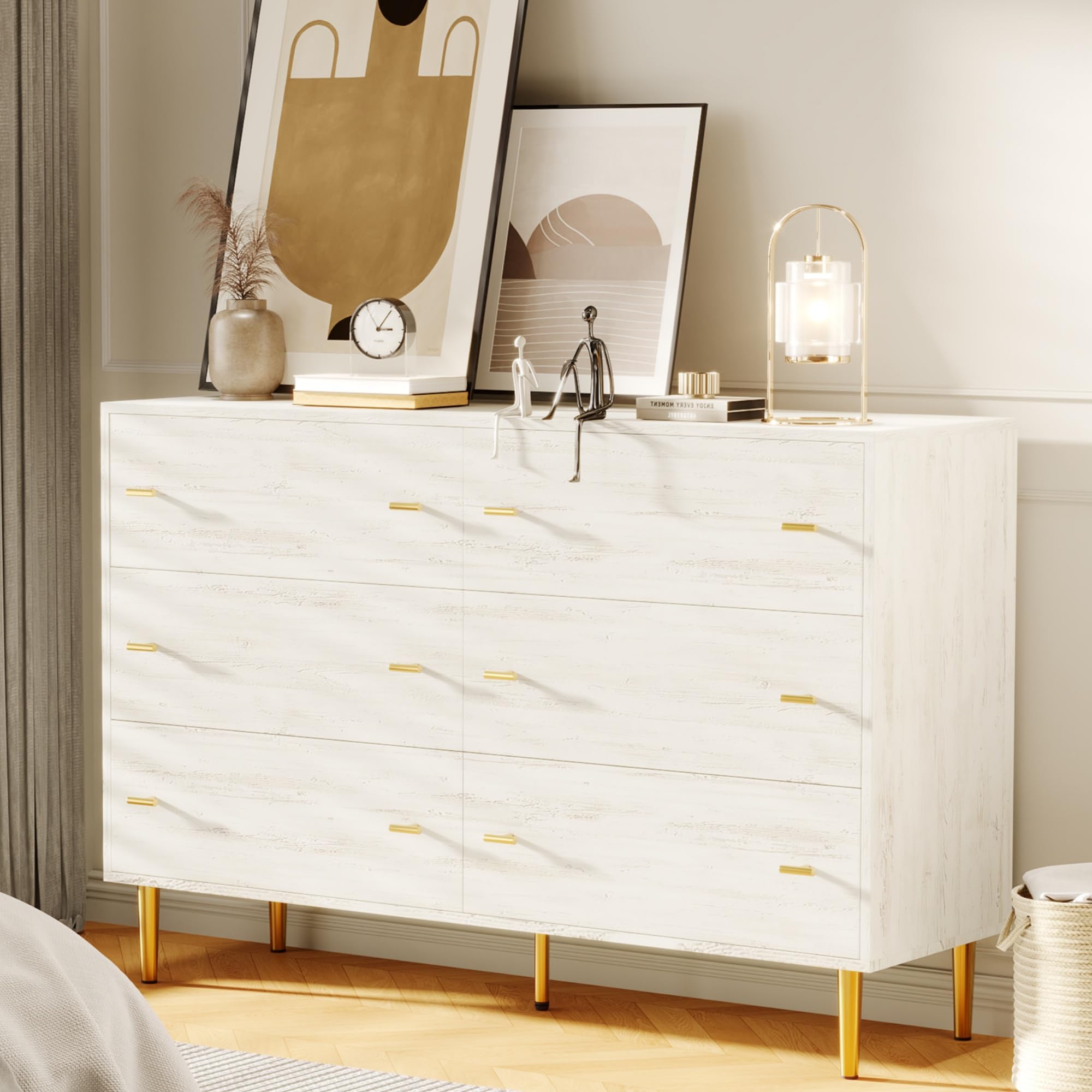 Photo 1 of **MISSING PARTS**Farmhouse 6 Drawers Dresser for Bedroom, 47.2 in Wide White Dresser Wood Rustic Chest of Drawers with Large Drawers & Bar Handles,Natural Texture,Drawer Organizer for Living Room,Hallway and Entryway