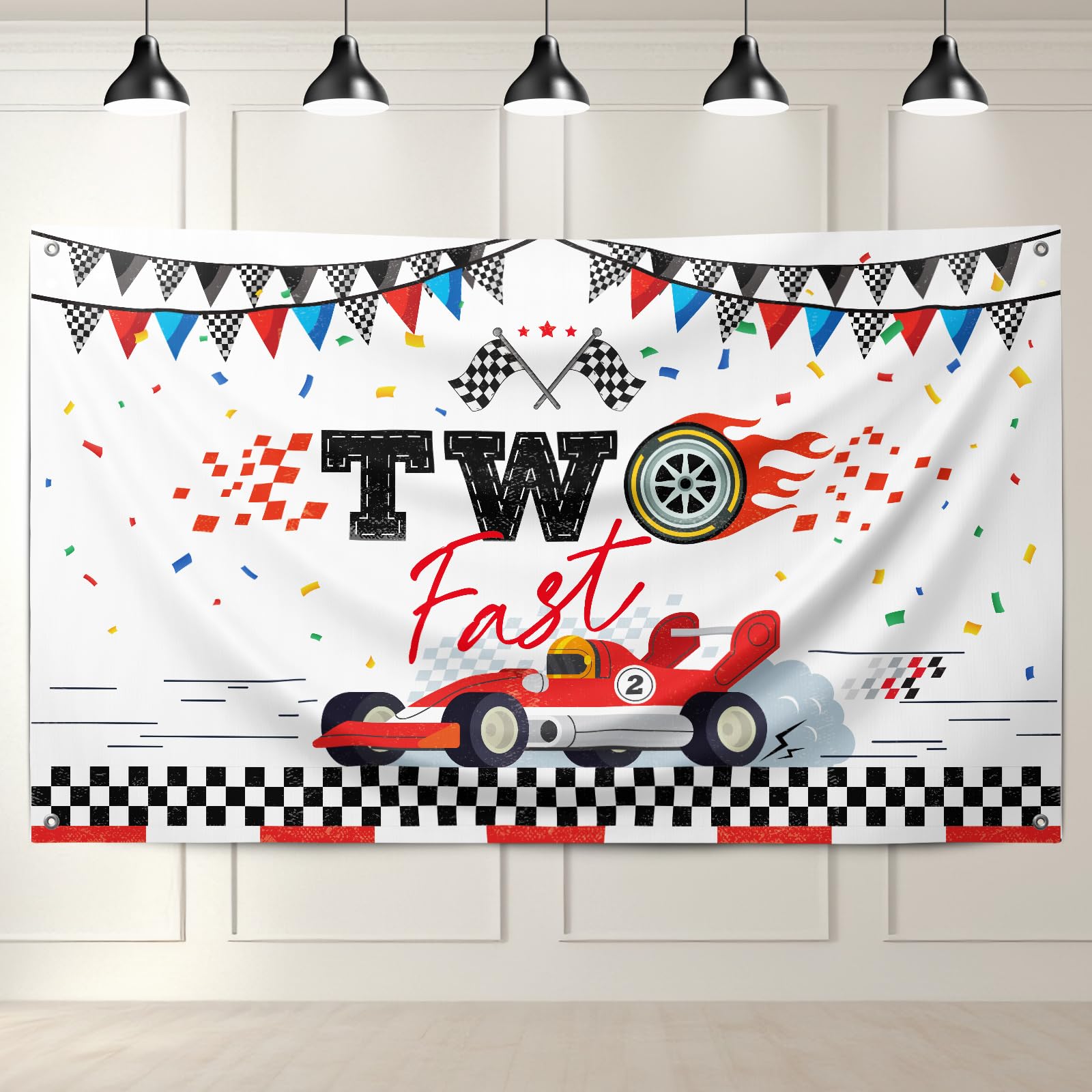 Photo 1 of Racing Two Fast Birthday Party Decorations Supplies, Race Car Backdrop Banner for Kids 2nd Party Background Baby Boys 2nd Birthday Decorations Photography Background (5x3ft)