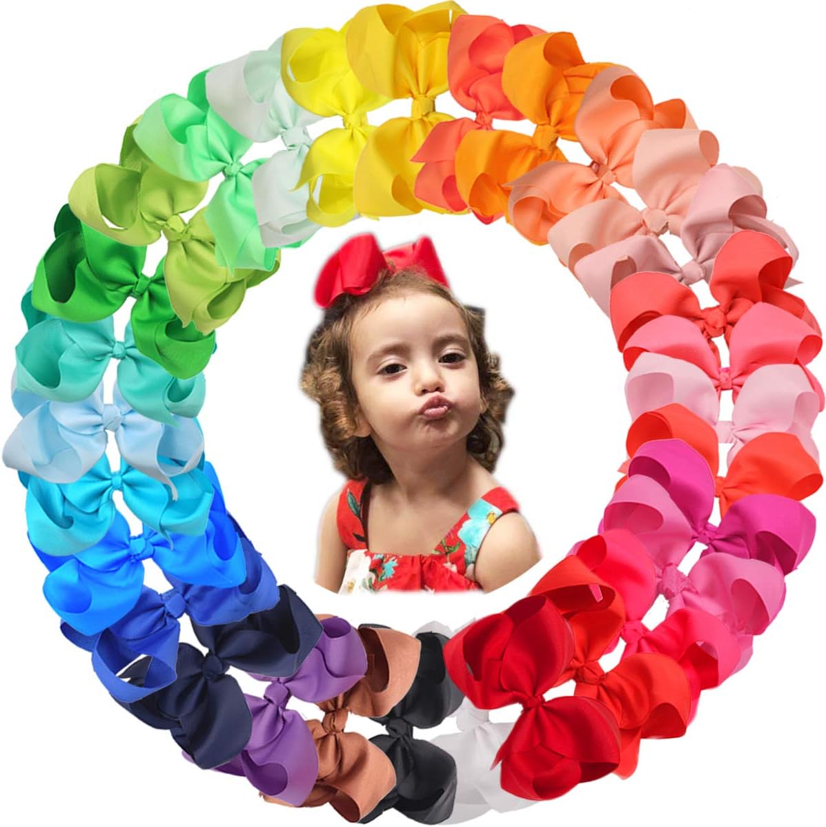 JOYOYO 30 Pcs Large Hair Bows for Girls Grosgrain Ribbon Bows - Cute Craft Large Size 6 Inch Girls Hair Bow Clips Bright Colors