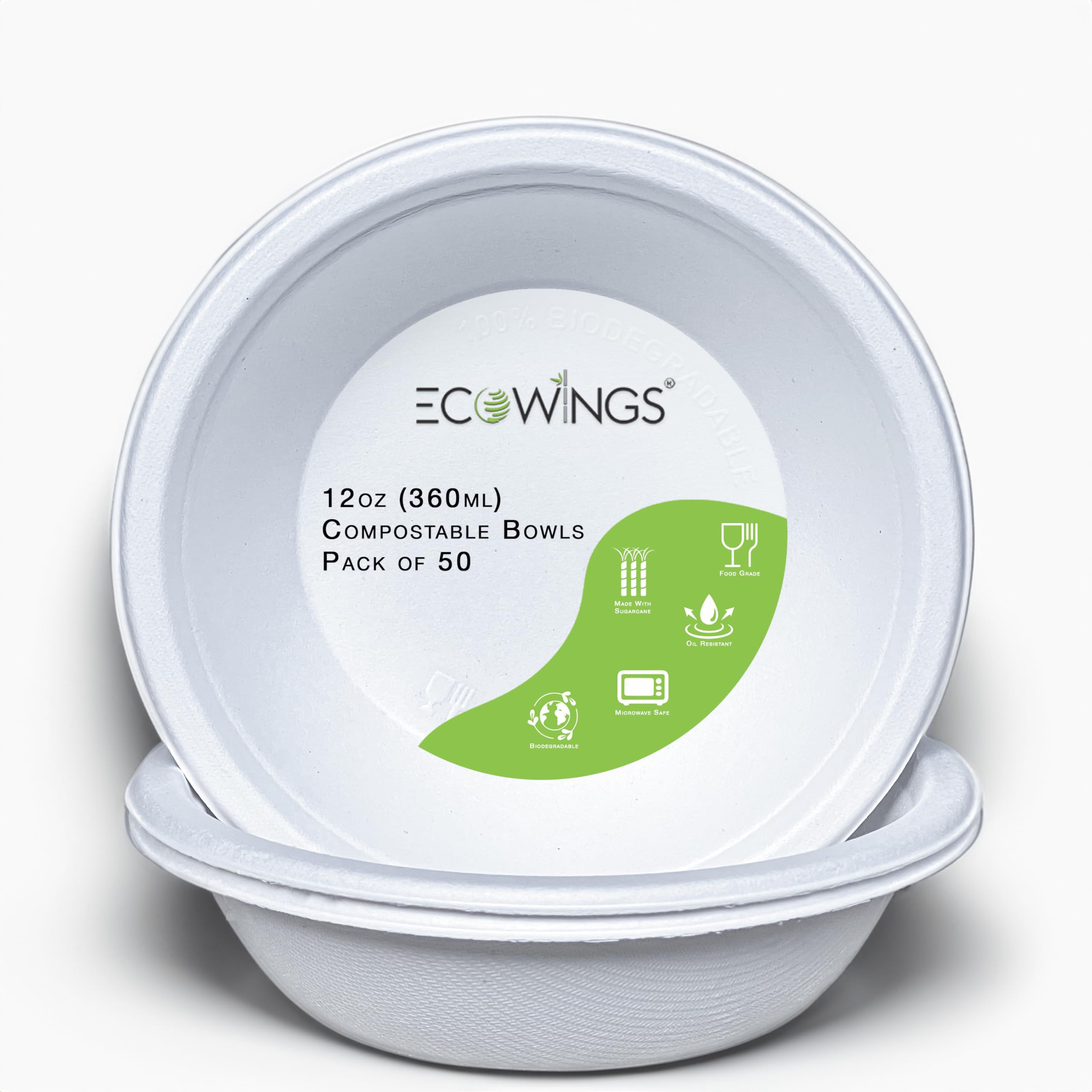 ECOWINGS 12oz (360ml) Disposable Bowls: Sustainable Serving Solutions for Parties. Replace Plastic Mixing Bowls and Paper Bowls with Biodegradable Microwavable Bowls. 50-Pack Value!