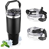 30oz Tumbler with Handle and Flip Straw Lid Double Wall Insulated Travel Coffee Mug Stainless Steel Vacuum Insulated Coffee Tumbler Cup for Hot and Cold Beverages,Leak-proof&BPA-free (30oz,Black)