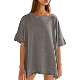 Tankaneo Women's Oversized T Shirts Casual Summer Crew Neck Loose Dropped Short Sleeve Side Slit Hem Blouse Tops Grey