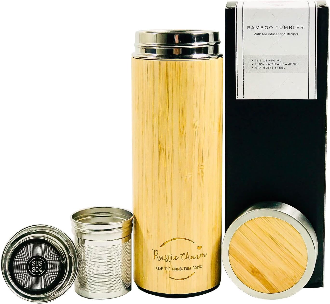 Original Natural Bamboo Tumbler By Rustic Charm | Insulated Thermos with Removable Tea Infuser | Tea Insulated Water Bottle | Travel Mug | BPA-Free, Stainless Steel Interior | Anti-Leak Tea Cup