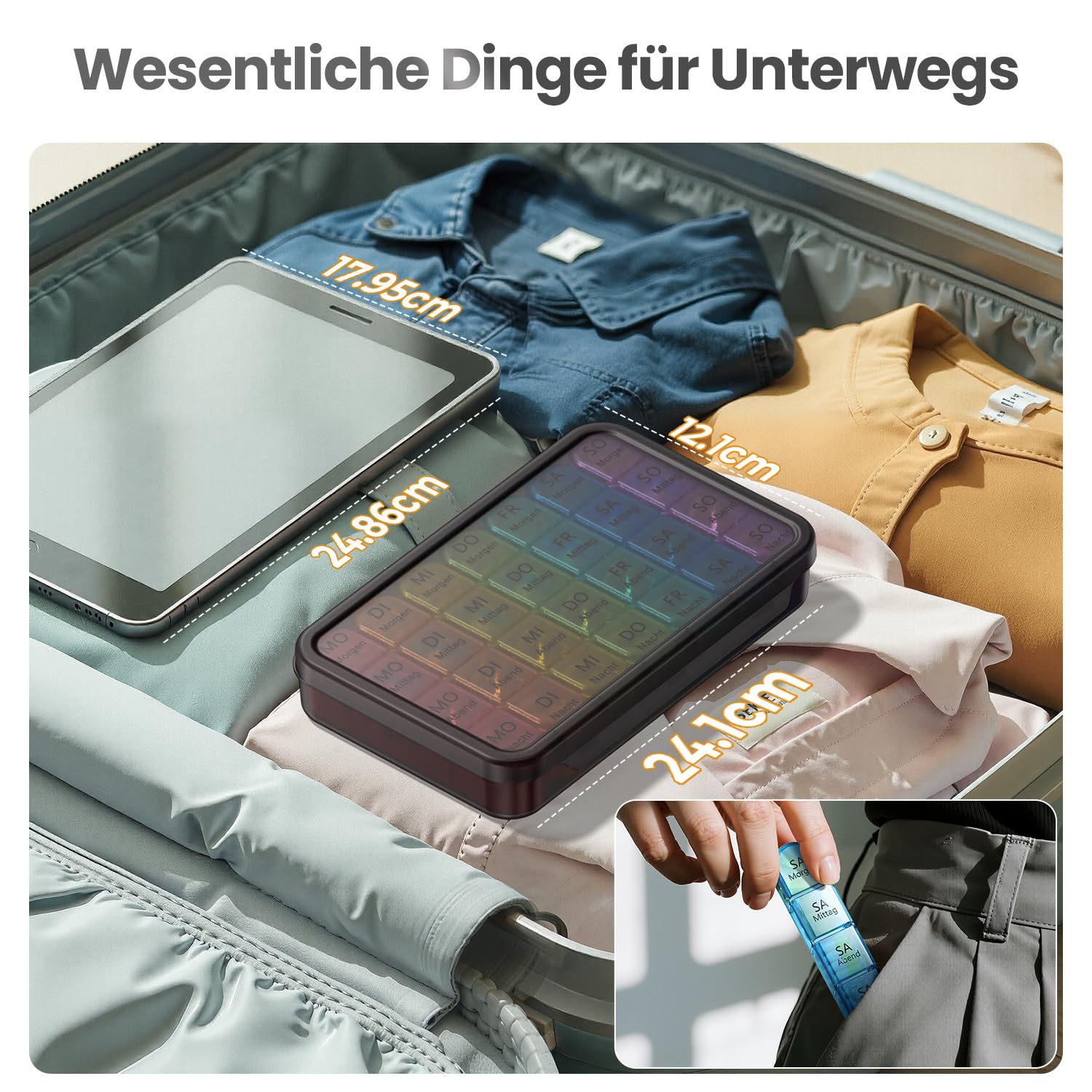 Doruimi Tablettenbox 7 Tage Morgens Mittags Abends, Klein Pillendose Große Fächer, Medikamentenbox 7 Tage 4 fächer mit Einfachem Offenem Design für Unterwegs - Schwarz 7