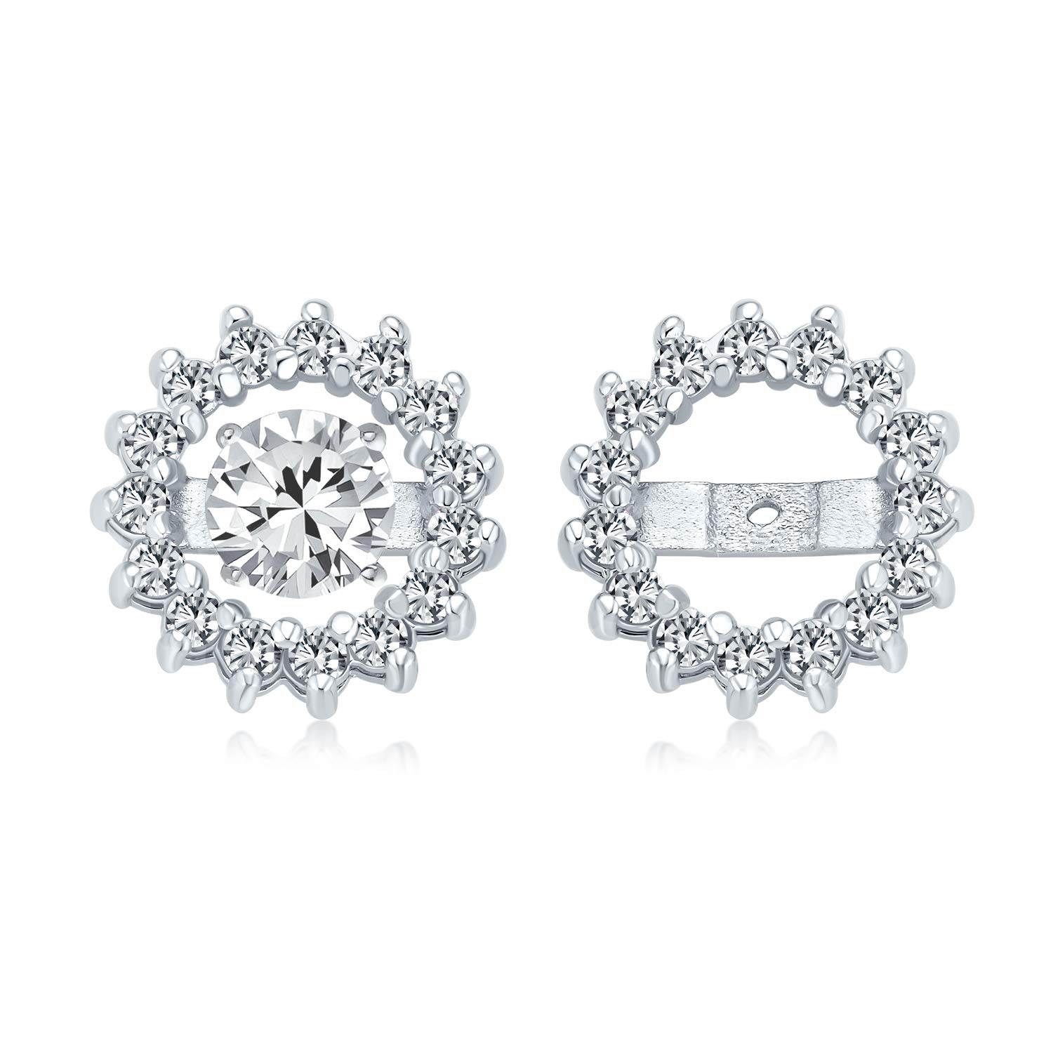 White Clear Cubic Zirconia CZ Round Pave Halo Earrings Jackets For Studs Jacket Only For Women .925 Sterling Silver — image 1