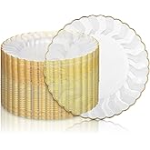 Hushee 50 Pcs Plastic Plates with Gold Trim 6'' Small Round Disposable Vintage Dessert Plates for Party Birthday Buffet Wedding Catering Celebration Reception (Clear)