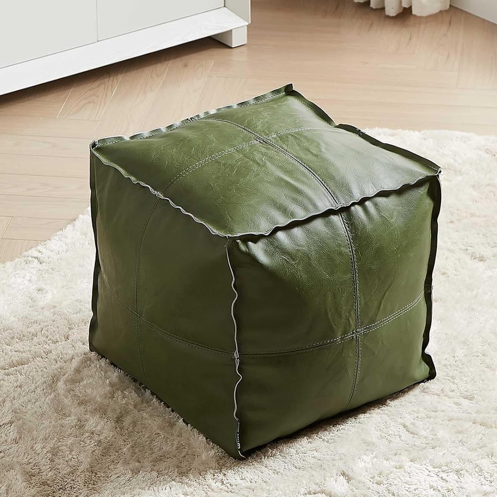 Louis Donné UNSTUFFED Moroccan Pouf Ottoman Cover, 17.7" Handmade Faux Leather Floor Chair Cover,Waterproof Poofy Ottoman Cover for Living Room Decoration Bedroom Office ONLY COVER(Green)