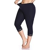 Women's Plus Size Lace Trim Capri Leggings Stretch Crop Leggings Soft Workout Yoga Tights Pants