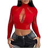 Floerns Women's Hollow Out Long Sleeve Crop Tops Music Festival Mock Neck Tee Shirts