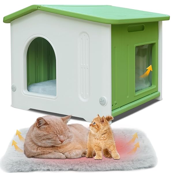 OUTDOOR CAT HOUSE WITH ESCAPE DOOR,FERAL CAT HOUSE WITH SELFWARMING MAT OUTDOOR CAT HOUSE WATWERPROOF LARGE CAT HOUSE FOR 1-2 CATS, ASSEMBLE EASILY-GREEN