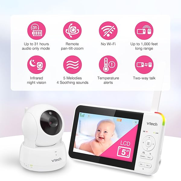 VTECH VM924 REMOTE PAN-TILT-ZOOM VIDEO BABY MONITOR, 5″ LCD SCREEN, UP TO 17 HRS VIDEO STREAMING, NIGHT VISION, UP TO 1000FT RANGE, SOOTHING SOUNDS, 2-WAY TALK, TEMPERATURE SENSOR,SECURED TRANSMISSION
