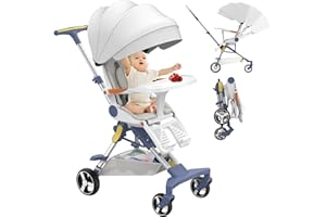 GODMY Lightweight Baby Stroller, Foldable Infant Travel for Airplane Convenience Toddler Stroller with Sunshade & 360°Rotational Wrap-Around Seat,Compact Travel Toddler Stroller with Tray&Basket