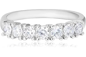MORGAN & PAIGE .925 Sterling Silver Wedding Bands for Women, Cubic Zirconia Ring Stackable Round 7 Stone Prong Setting - Platinum, Yellow Gold or Rose Gold Plated Wedding Rings for Women Size 6-9