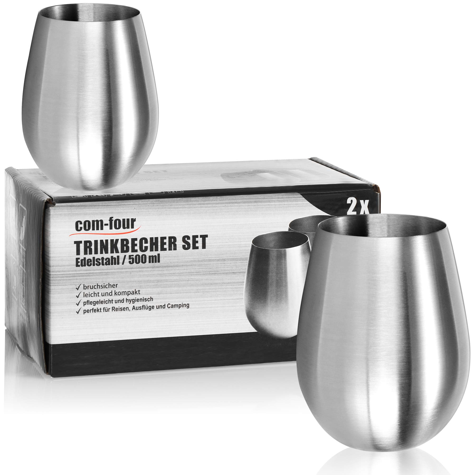 com-four® 2X Wine Glass Made of Stainless Steel 304 - Wine Cup 500 ml for Travel - Stainless Steel Cup to go - stemless Wine Goblet - Travel Cup BPA-Free (2 Pieces - 500ml matt)