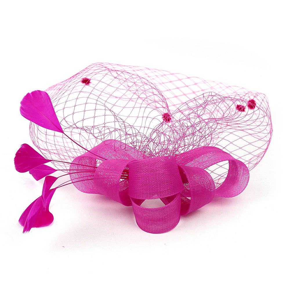 Yishik Women\'s Bowknot Feather Cocktail Party Veil Fascinator Hair Clip Hat (Rose Red)