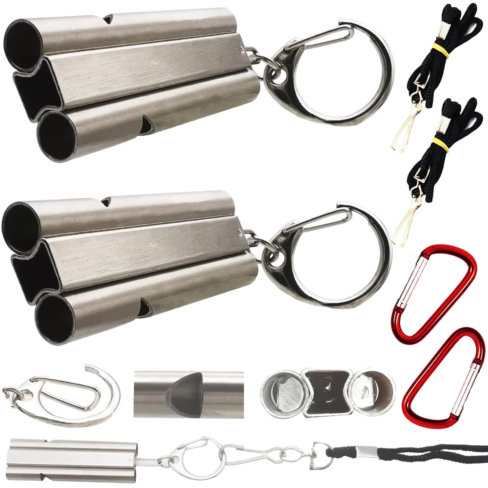 CTRICALVER Silver 2 pieces Emergency Survival Whistle | Double Tubes Safety Whistles | Survival Whistle With Lanyard and Key Ring for Camping Hiking Hunting Pet Training