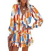 Dokotoo Spring Dresses for Women 2026 Boho Floral Drawstring V Neck Smocked Long Sleeve Ruffle Tiered Chiffon Mini Dress