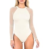 OQQ Women's Long Sleeve Mesh Bodysuit One Piece Shirt Going Out Tops | Sheer Mesh, Crew Neck, Fitted Bodysuit Top, Slim Fit Thong One Piece Clubwear