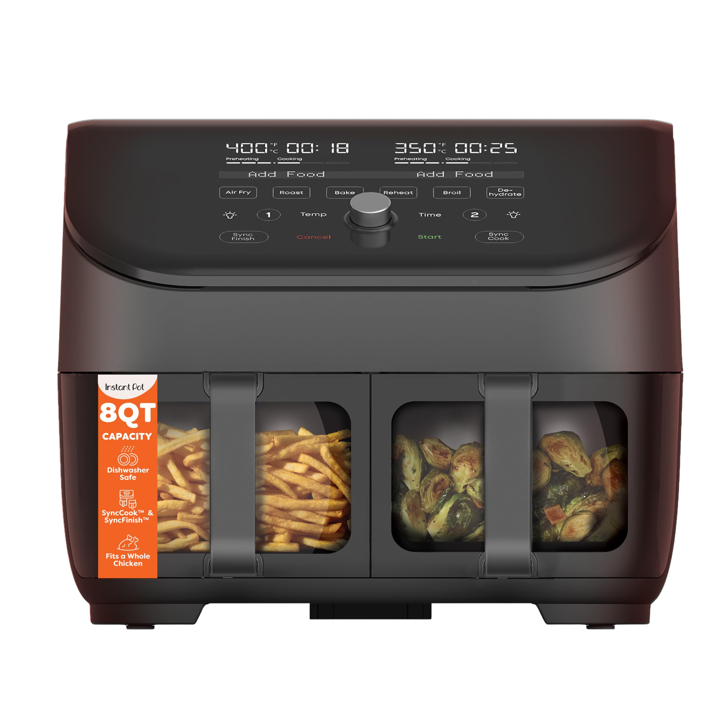 Freidora de aire Instant Pot Vortex Plus XL 8QT ClearCook, ventanas transparentes, programación personalizada, funciones 8 en 1 que fríen, asan, deshidratan, hornean y recalientan, de los creadores de Instant Pot, negro