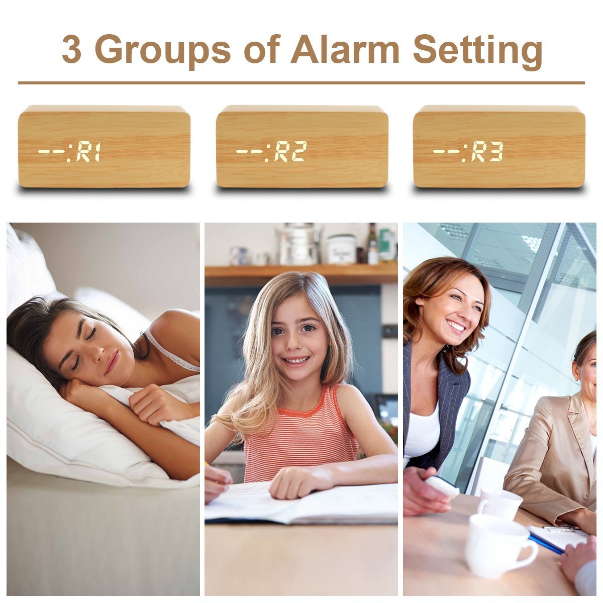 wivarra Réveil en Bois Numérique Réveil LED en Bois Horloge Numérique Activation 3 Niveaux Luminosité 3 Alarmes Afficher Heure Date Semaine Température Alimenté par USB ou Batterie