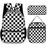 Fekroma Colorful Multi Pocket Backpack Set School Bookbag with Lunch Bag Lightweight Pencil Case Pouch Bag (Checkered, One Size)