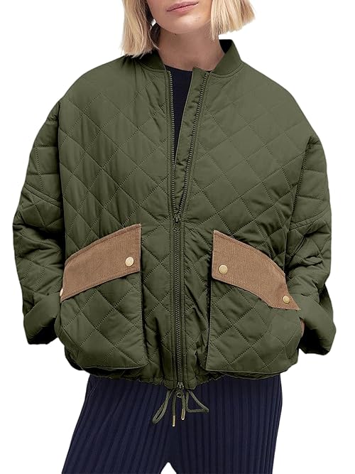 Tankaneo Womens Quilted Puffer Jacket Winter Casual Zip Up Bomber Jackets Short Coat Outerwear with Pockets