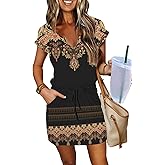 SAUKOLE Women Summer T Shirt Dress Casual Short Sleeve V Neck Dress with Pockets Drawstring Waist Short Dresses