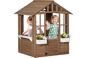 Outsunny Kids Outdoor Playhouse, Wooden Garden Games Cottage with Working Door, Windows, Flowers Pot Holder and Boxes for Age