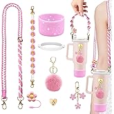 Stanley Cup Accessories Set Including Adjustable Water Bottle Shoulder & Handle Strap, Glitter Silicone Protective Boot, Silicone Straw Topper Cover, Cute Charms for Stanley 30oz 40oz Tumbler (Pink)