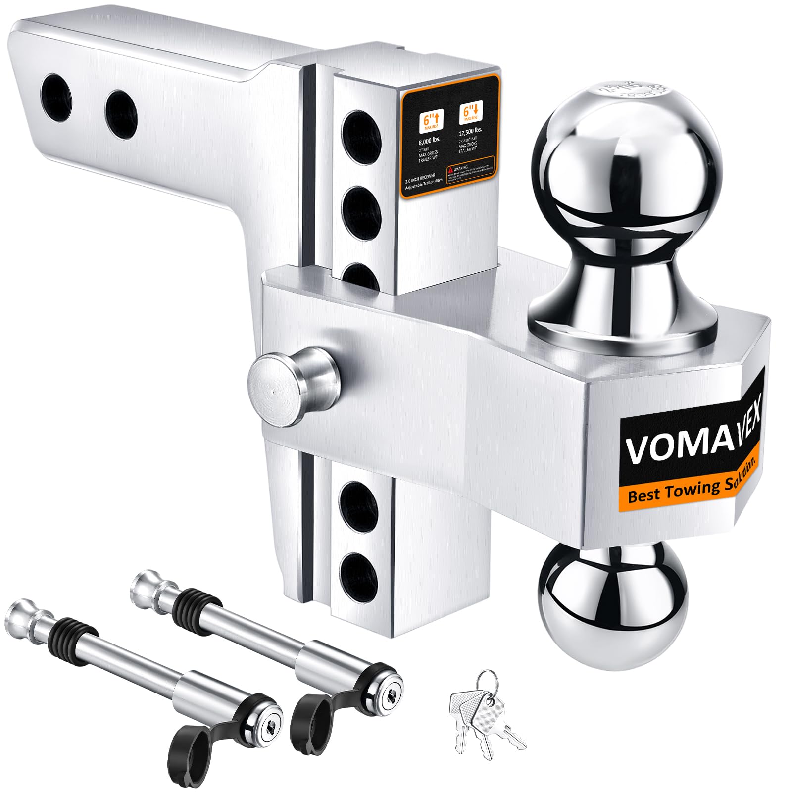 Photo 1 of Adjustable Trailer Hitch-Drop Hitch Fits 2-Inch Receiver -6" Drop/Rise Tow Hitch with 2" and 2-5/16" Tow Balls-12,500GTW with Double Anti-Theft Pins Locks, Silver