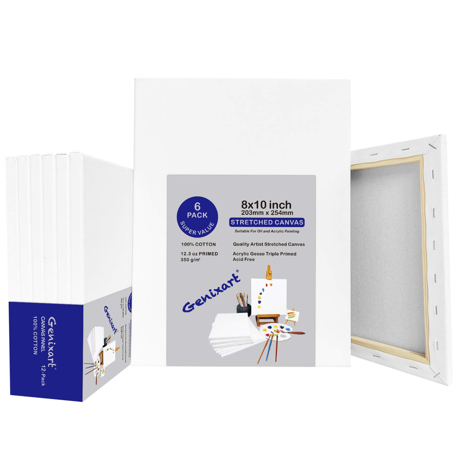 Genixart White Blank Stretched Canvas, Primed Professional Artist Canvases for Acrylics & Oils Painting (20x25cm / 8"x10" (6Pack))