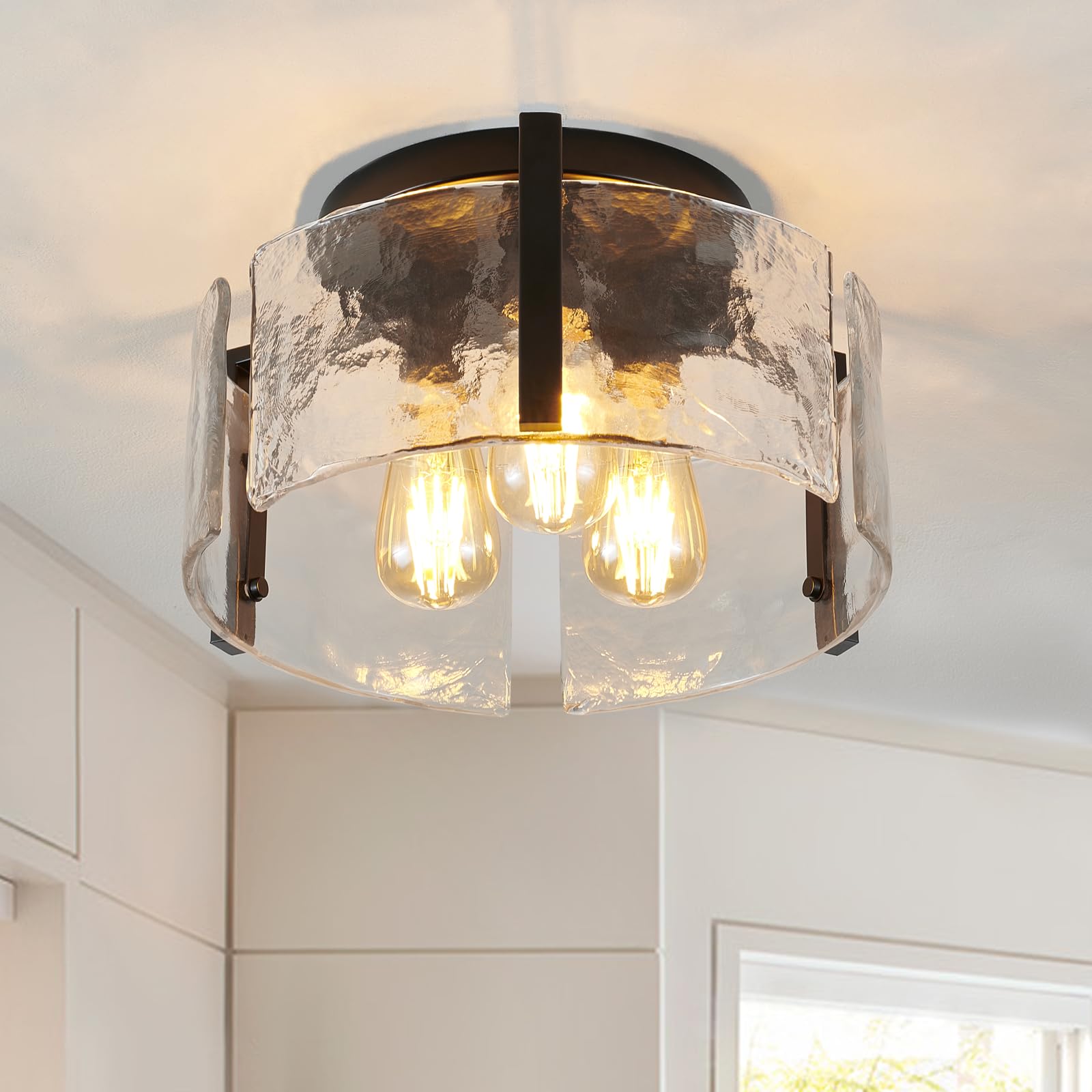 Photo 1 of Black Semi Flush Mount Ceiling Light Fixture, 3-Light Modern Hallway Light Fixtures Ceiling Mount, Foyer Kitchen Lighting Fixtures Ceiling Lights for Bedroom, Bathroom, Laundry Room, Entryway, Hallway