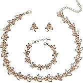 rneyflow Bridal Wedding Crystal Leaf Choker Necklace Dangle Earring Bracelet Brides Bridesmaid Jewelry Set for Women