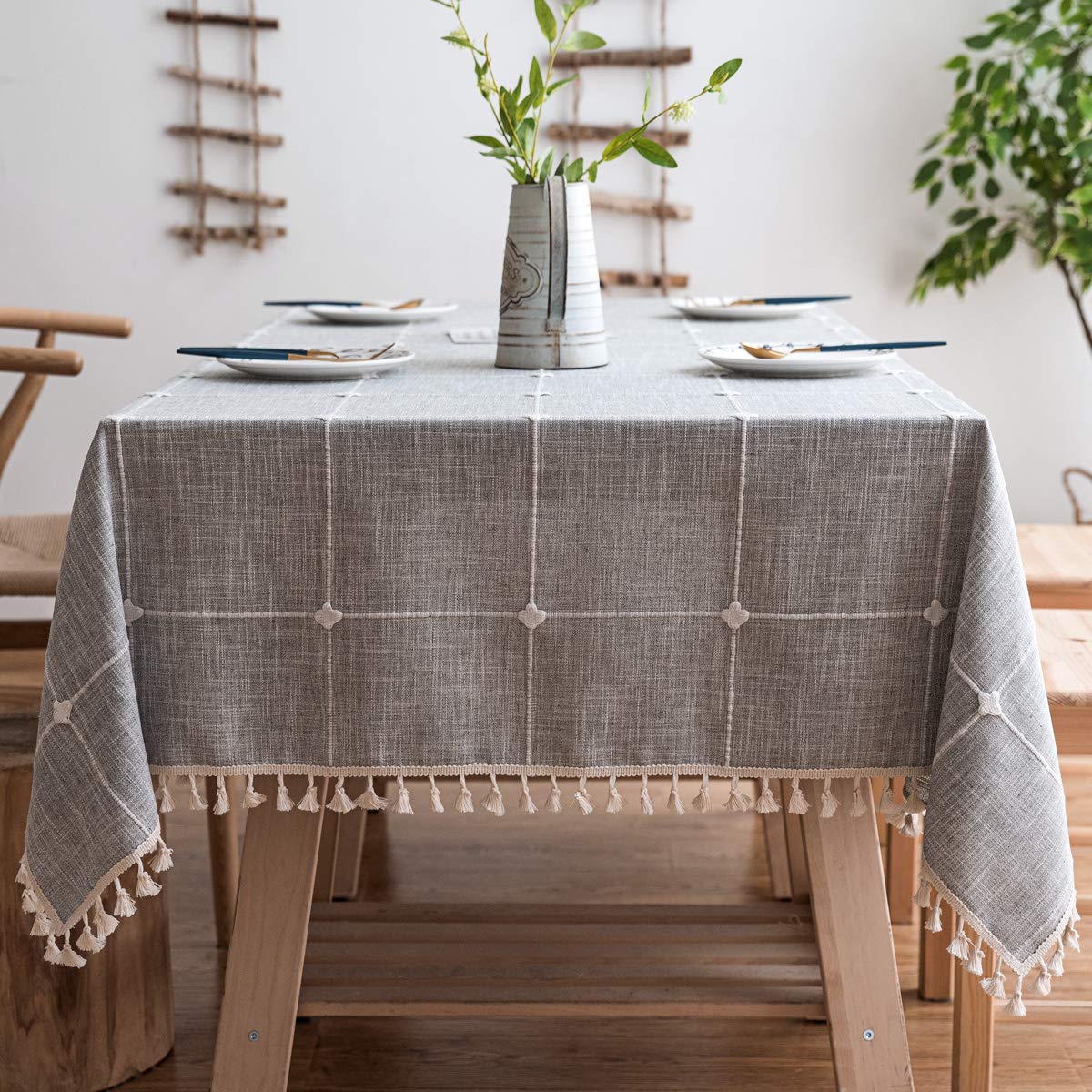 JaeMoose Cotton and Linen Rectangle Solid Embroidery Checked Tassel Cotton Linen Table Cover for Kitchen Dining Table Decoration (140 x 220 cm, Grey Checked)