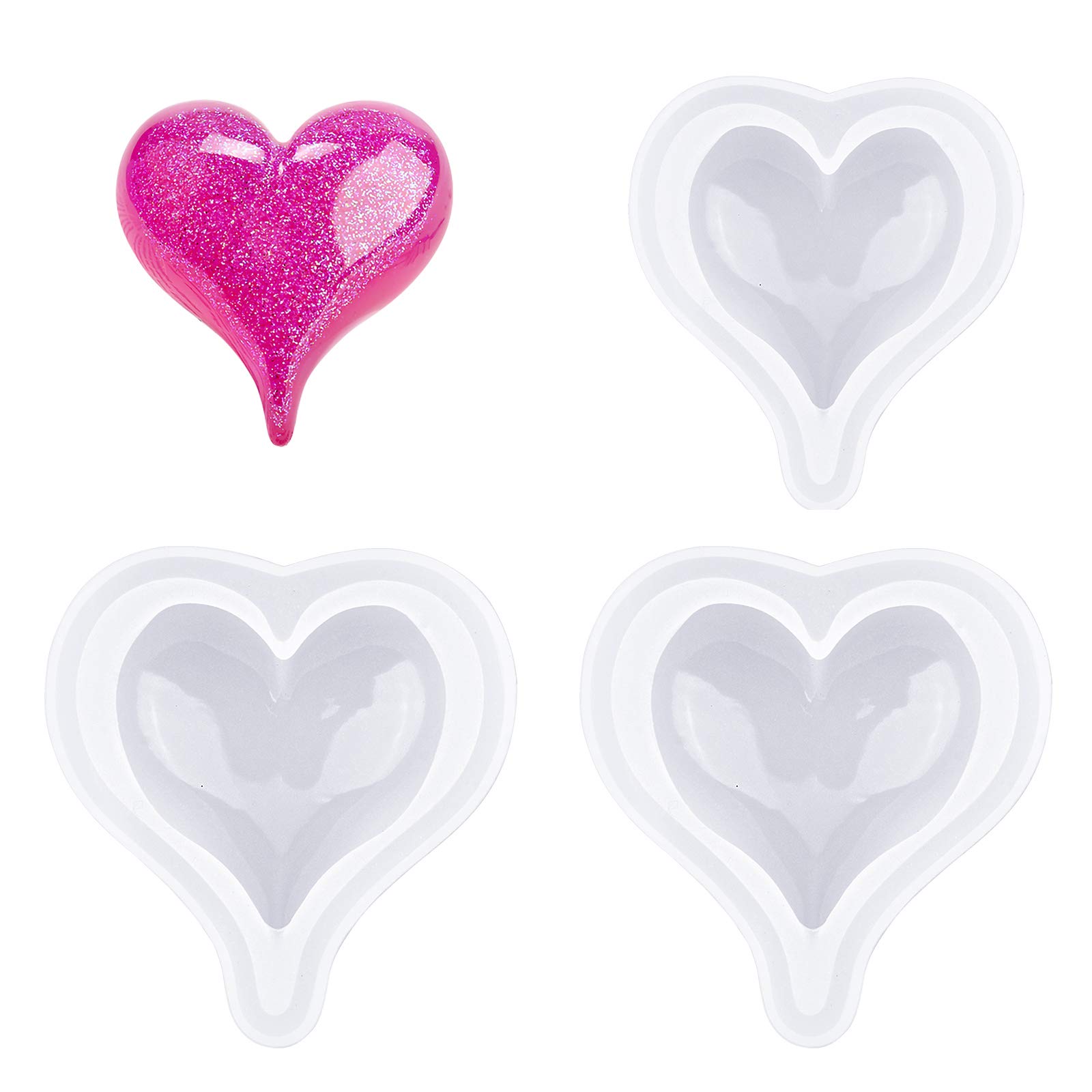 WANDIC 3pcs Love Heart Epoxy Resin Molds Silicone Handmade Jewelry Cake Molds for Craft DIY, Fondant Decoration and Soap Making