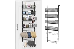 Over the Door Organizer, 2 in 1 Metal Hanging Closet Organizer & Hat Rack with 4 Adjustable Baskets, 8 Hooks, 10 Clips, Behin