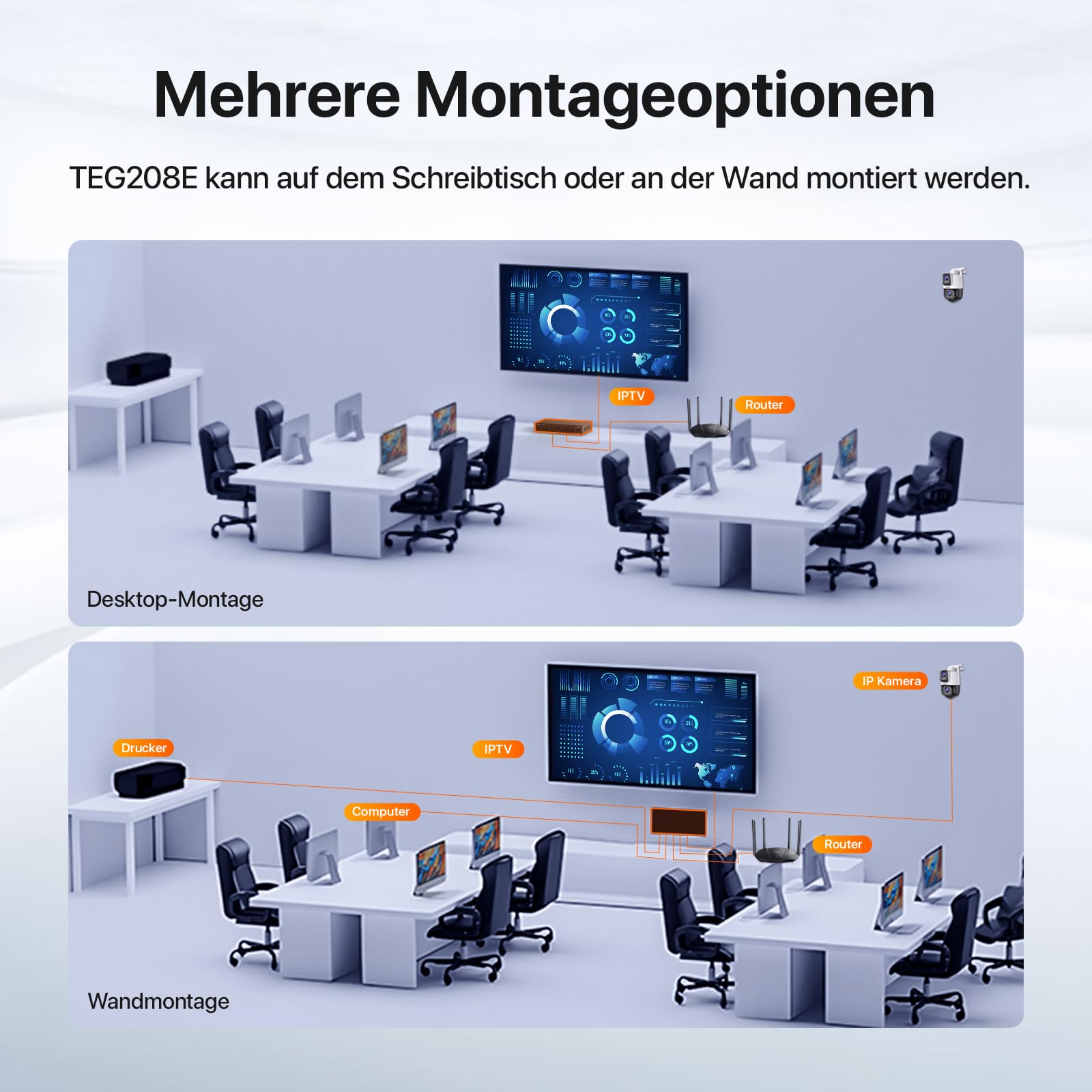 Tenda TEG208E Managed Switch 8 Port Gigabit LAN Switch (IGMP-Snooping, QoS, VLAN, DHCP- Snooping, LAG, MAC Address Binding, Lüfterlos, Energieeffizient, Metall) Netzwerk Switch LAN Verteiler 6