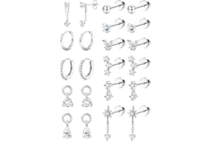 BESTEEL Hypoallergenic Silver Flat Back Earrings for Women - 14K Gold Plated Surgical Stainless Steel Earring Stacks Set | Small Stud & Hoop for Cartilage Helix Tragus Piercing Jewelry Comfort Gift