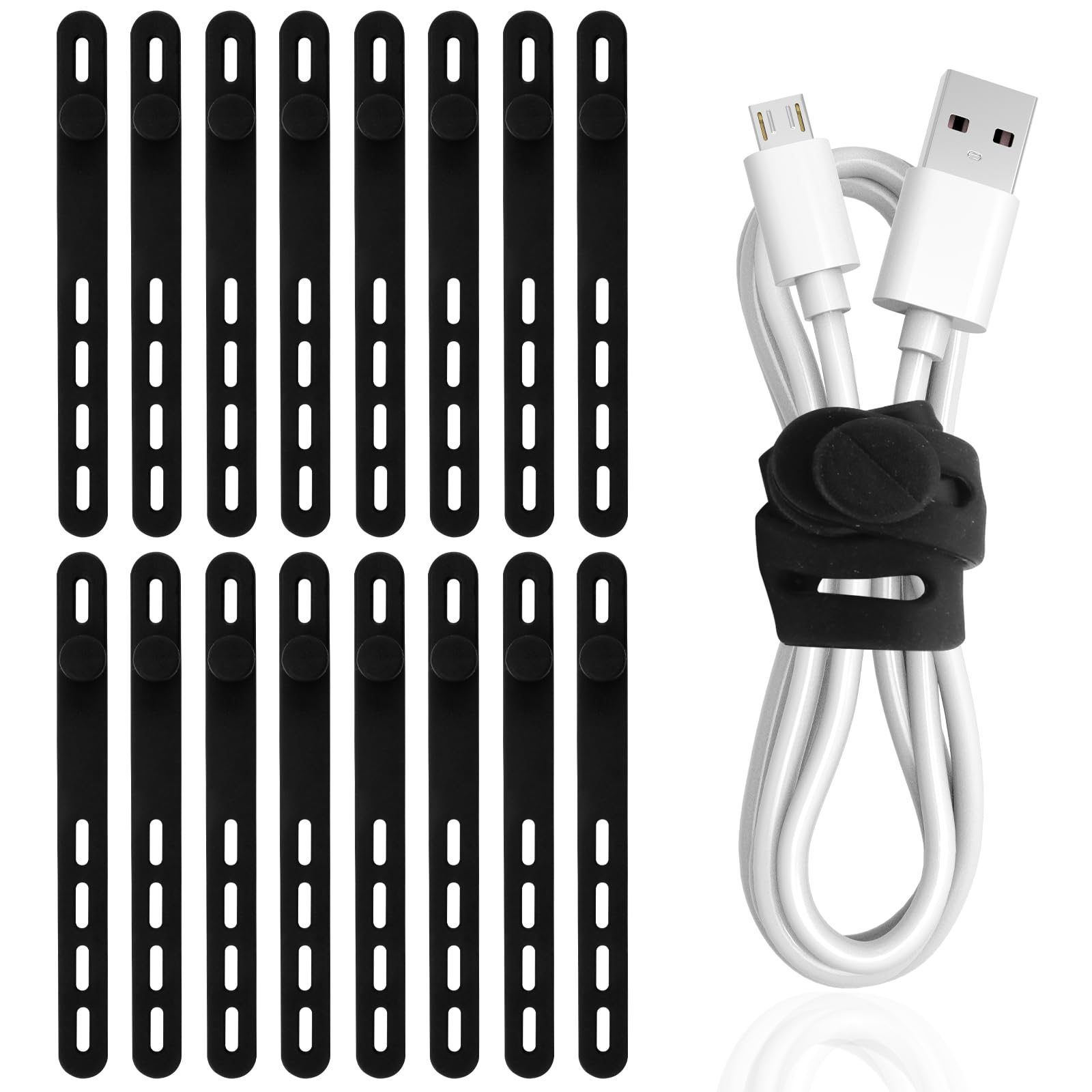 TamBee Silicone Cable Ties Reusable Cable Straps 16pcs Black Cable Wire Ties Cable Cord Organizers for Earphone Phone Charger Audio Cable Computer (16Pcs, Black)
