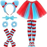 WGOCAUK 6 PCS Kids World Book Day Thing Costume - Include Red Blue Tutu Skirt Blue Fuzzy Headband Bowtie Fuzzy Bracelet and Striped Gloves Knee Socks for 100th Day of School Costume
