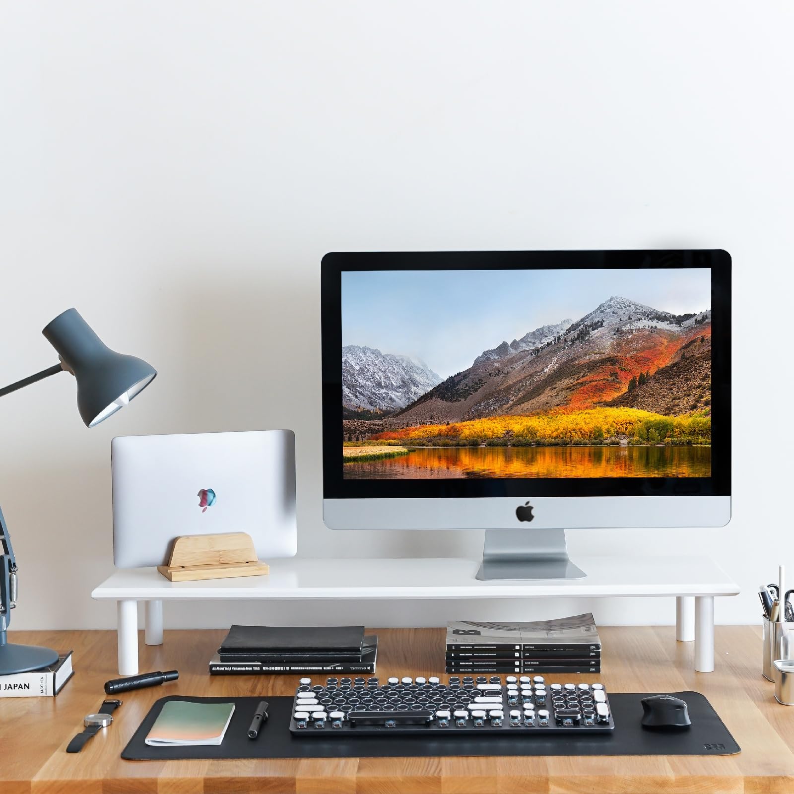 Photo 1 of ROCDEER Bamboo Dual Monitor Stand Riser White, Desk Monitor Riser for 2 Monitors, Supports for PC Computer Monitor, Printer, Heavy TV Riser up to 300 lbs, White