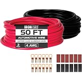 Iron Forge Cable 4 Gauge Battery Cable, 2 Roll, 50 Ft per Roll, Red &amp; Black | 4 AWG Primary Wire, Copper Clad Aluminum, 6 5/16 &amp; 6 3/8 Lugs + Heat Shrink Tubing, For Battery, Ground, Power Cable Runs