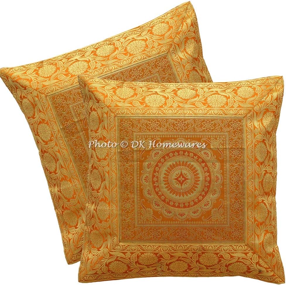DK Homewares Banarsi Brocade Silk Sofa Diwan Cushion Covers 16 by 16 Festive Decor Jacquard Mandala Traditional Decorative Pillowcases (16 x 16 inches; Gold Mustard Yellow) - Set of 2 Pcs