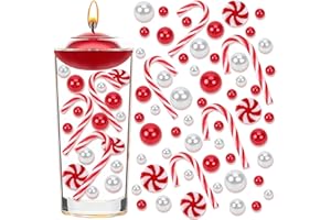 CHFFCUH 120 PCS Christmas Vase Fillers, White Red Candy Cane Floating Pearl Beads Christmas Vase Fillers Set for Craft Winter Table Centerpieces Party Decorations
