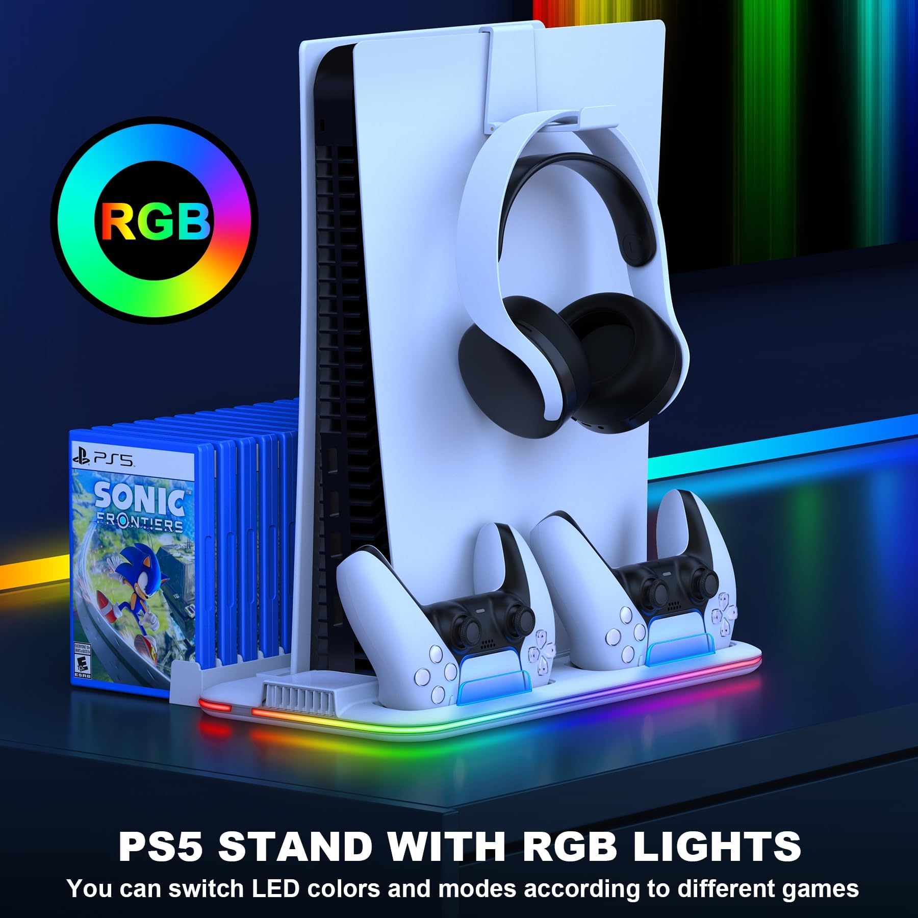 DINOSTRIKE PS5 Slim Stand and Cooling Station for Playstation 5 Slim Disc Digital Consoles,RGB PS5 Controller Charger with Cooling Fan, PS5 Cooling Base PS5 Stand Vertical Headset Holder 15 Game Slots