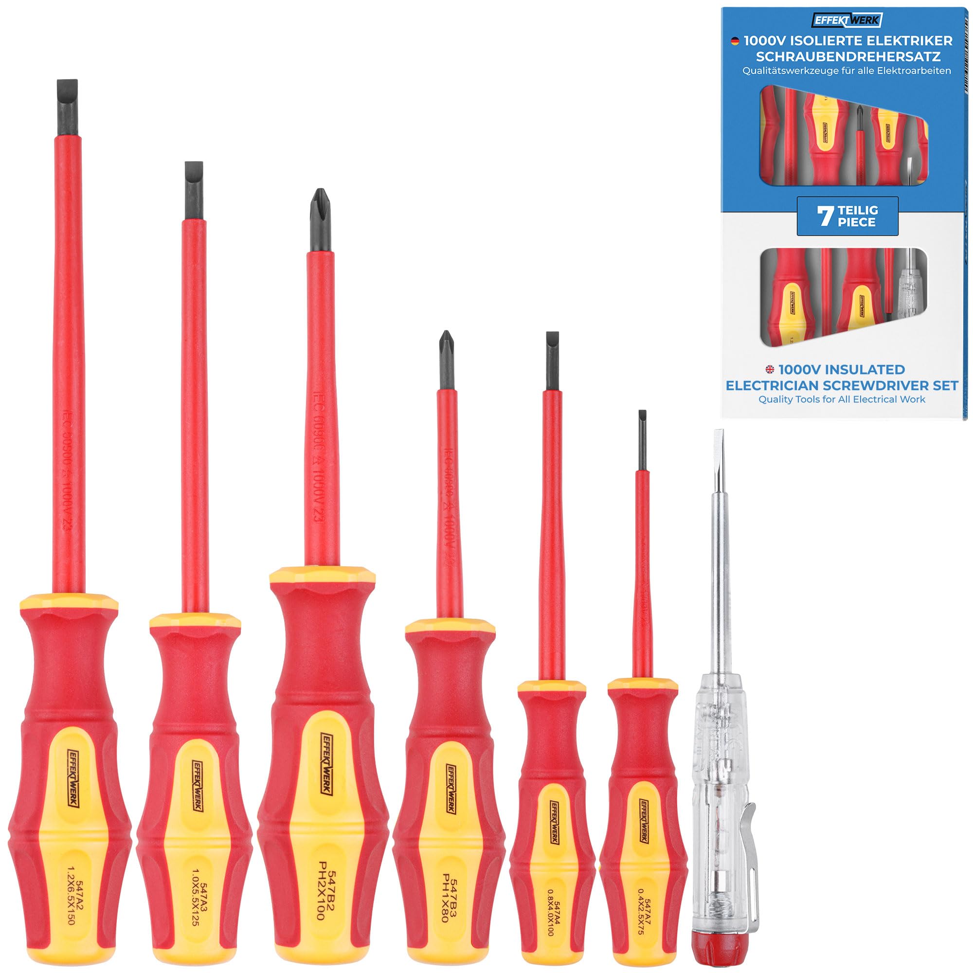 Effektwerk 7-pc Electricians Screwdriver Set, 4 Slotted & 2 Phillips Screwdrivers w/Voltage Tester, 1000V Insulated & VDE Tested Professional Tool Kit w/Magnetic Tips & Ergonomic Handles